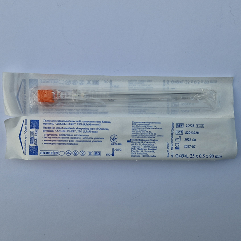 Голка для спінальної анестезії заточка тип Квінке преміум ANGEL CARE 25G 0,50x90